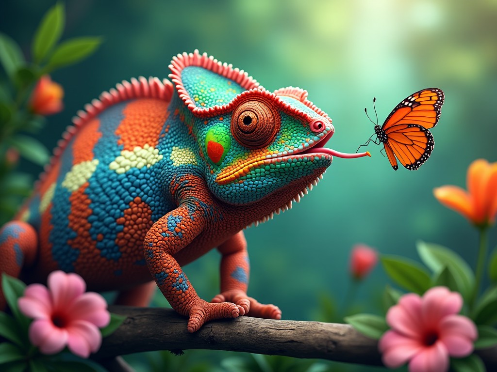 A vibrant chameleon with rainbow colors and a human-like face is depicted in a lush environment. Its tongue is extended, skillfully reaching out to catch a delicate orange butterfly. Surrounding the chameleon are colorful flowers and green foliage, enhancing the lively scene. The soft lighting creates a magical atmosphere, highlighting the intricate details of the chameleon’s scales. The composition captures the beauty of nature and the uniqueness of this imaginative creature.