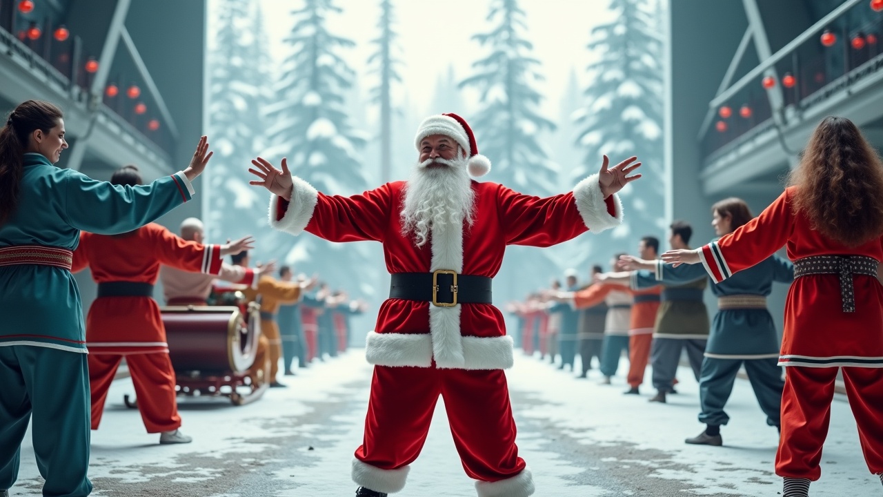 Cinematic image of Santa Claus celebrating in high-tech room with open arms. Diverse people practicing taichi around him. Snowy woods visible through openings. Sleigh with reindeer parked. Wide shot showing Santa surrounded by beautiful people.