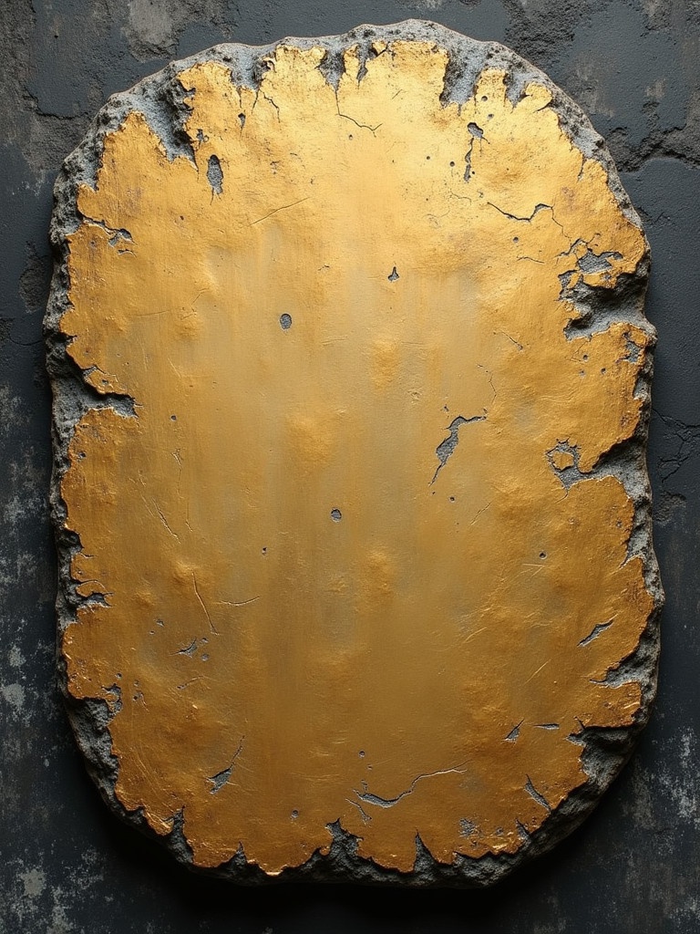 Stone tablet with rounded top. Golden surface has a black outline. Surface appears used and chipped. Textured details visible.