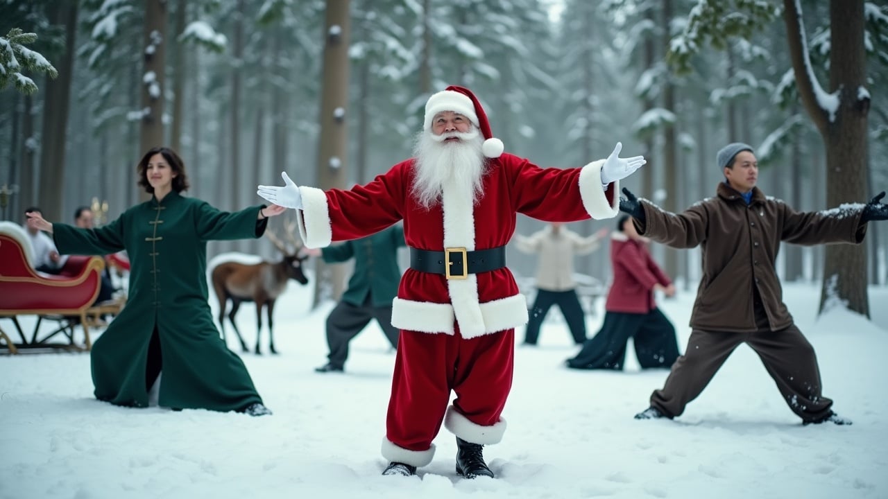 Cinematic image of Santa Claus with open arms. Diverse people practicing Tai Chi in different styles. Snowy woods visible. Sleigh with reindeer parked. Wide shot showing Santa surrounded by joyful individuals practicing chen and yang style taichi postures. Every person has a different posture.