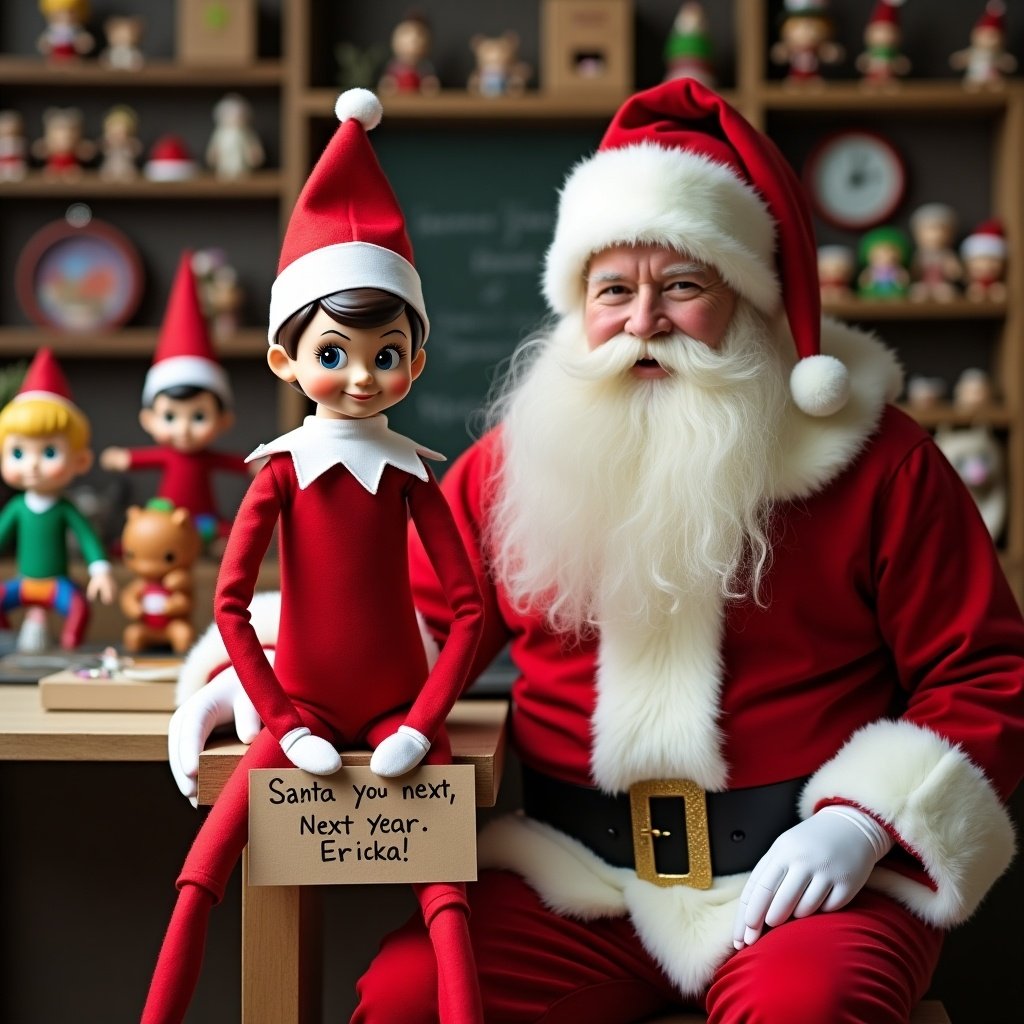 Elf on the shelf in red outfit with white trim and collar holds a sign. The sign reads 'Santa you next year, Ericka!' The elf sits with Santa in a toy workshop with Funko Pops in the background.