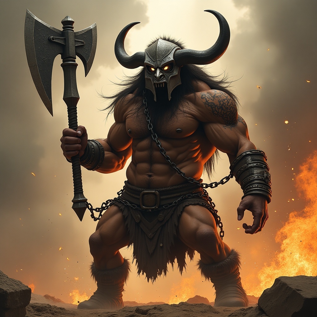 This image represents a powerful minotaur character evoking strength and fury. He is portrayed as a muscular figure, liberated from chains. In one hand, he wields a massive axe, while wearing an imposing iron mask that adds to his fierce appearance. The background is ablaze, enhancing the dramatic atmosphere. It captures the essence of a fantasy warrior ready for battle.