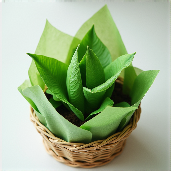 A small plant with vibrant green leaves is placed in a woven basket lined with green paper.