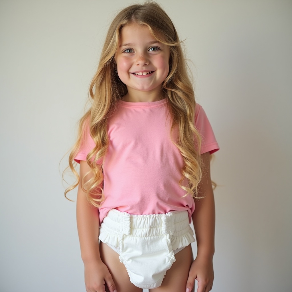 A seven year old girl with long blonde hair is wearing a pink t-shirt and a bulky diaper. She has a playful expression and her pose is relaxed. The background is simple to highlight the child’s attire.