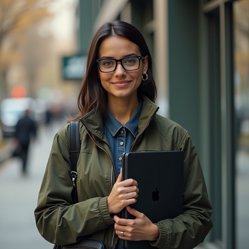 A woman with glasses stands outside in a city, holding a laptop and smiling.