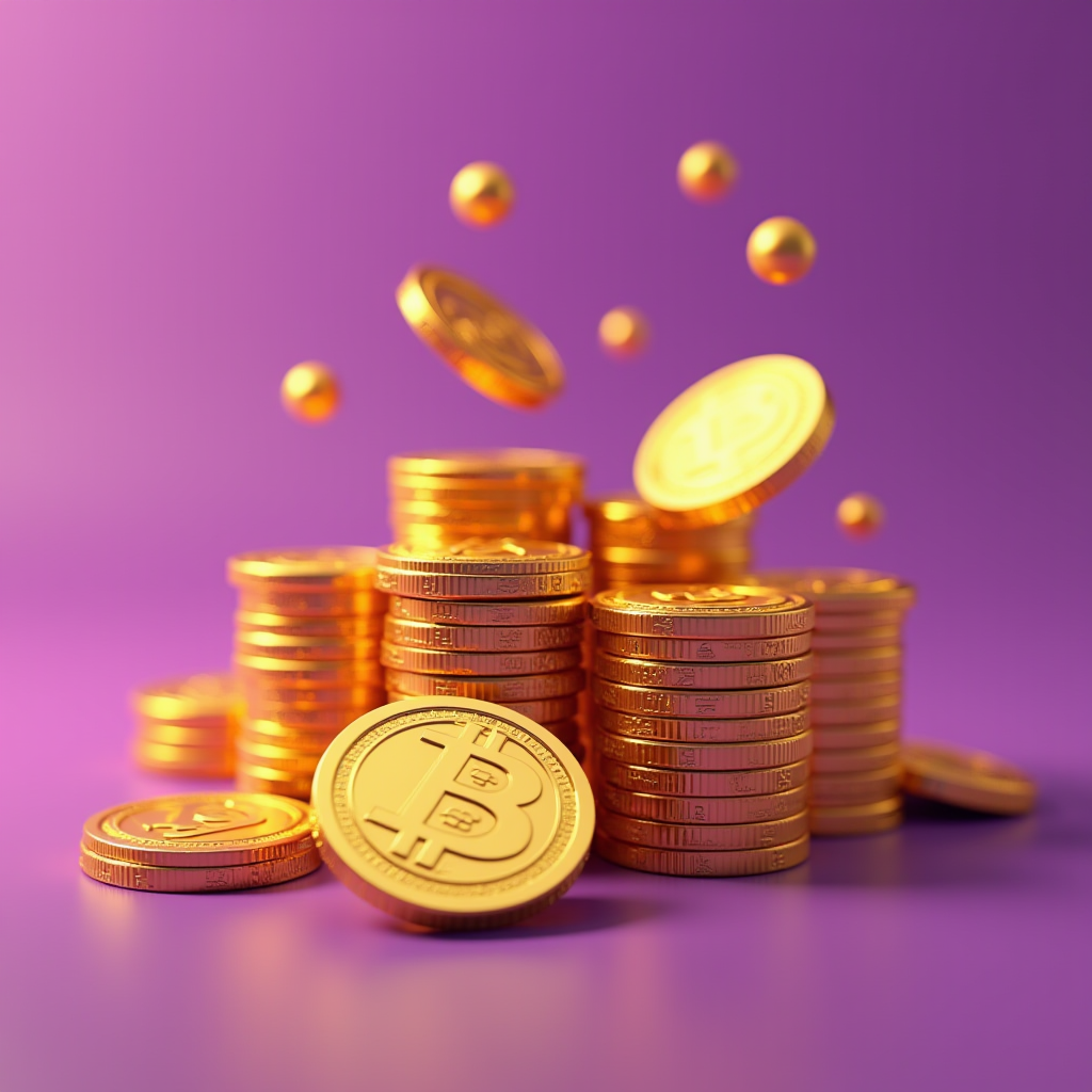 Stacked and scattered golden bitcoin coins set against a vibrant purple background.