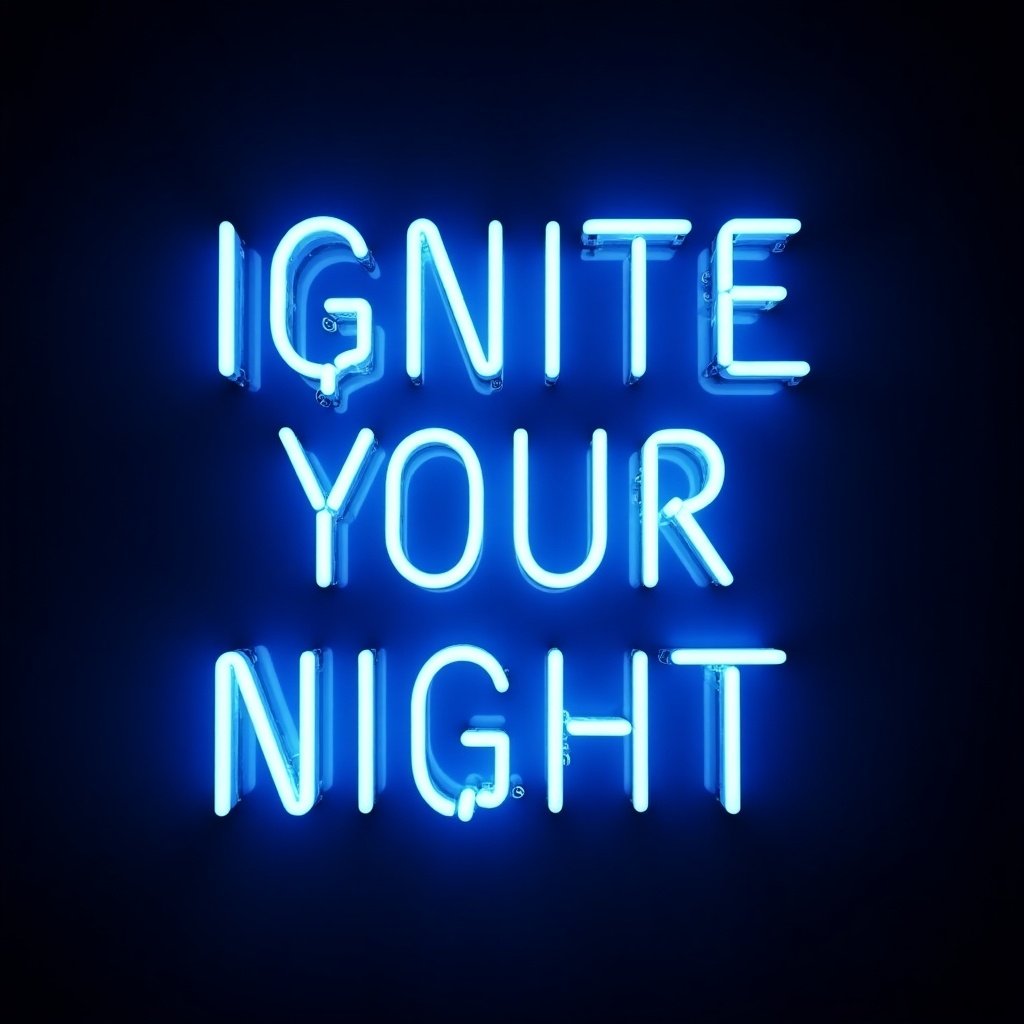 The image features a vibrant neon sign that reads 'IGNITE YOUR NIGHT' in blue light. The text is arranged in an easy-to-read format, creating an engaging atmosphere. The background is dark, which enhances the glow of the neon. This visual is perfect for promoting nightlife events. It captures the essence of excitement and energy associated with nights out.