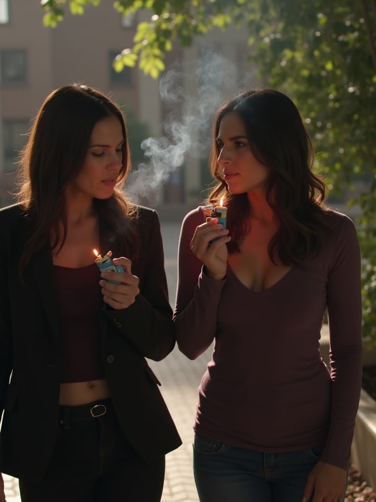 Scene from a television series where two women walk and smoke cigarettes. They are in an urban setting. One woman wears a blazer and the other a casual top. Both light their cigarettes while walking. Smoke rises as they engage in conversation. Visual highlights urban lifestyle and smoking culture.