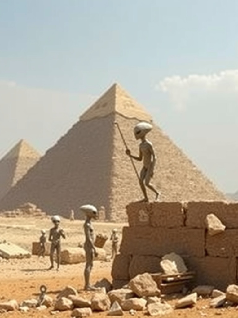 In a surreal depiction, humanoid alien figures are engaged in constructing a stone wall with the Great Pyramids as the backdrop. The aliens are scattered across the sandy terrain, giving a fantastical twist to the scene. The image uses a bright, daylight setting, casting distinct shadows that enhance the detailed textures of both the pyramids and the figures.