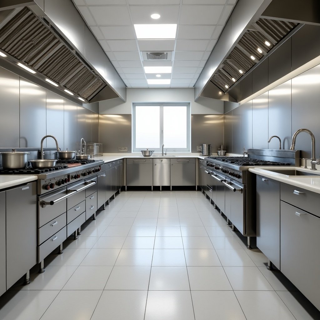 Catering kitchen features efficient layout with floor drains. Stainless steel ovens and double sinks included. Complies with HACCP standards. Clean and organized space suitable for professional use.