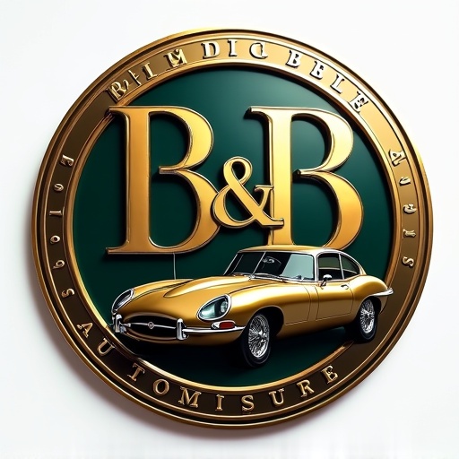 Modern and luxurious logo for B&B Automobiles. Incorporates chrome and includes a Jaguar E-Type. The two B letters mirrored opposite each other. Features a dark green to gold gradient. Captures a sporty and dynamic car depiction.