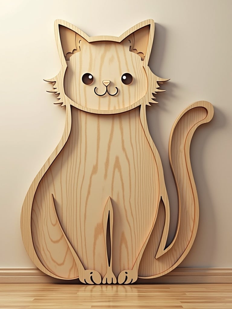 Create a flat vector design for CNC cutting featuring a cute cat shape. Design should be minimalist and emphasize wood textures. Focus on a playful cat silhouette suitable as wall furniture.