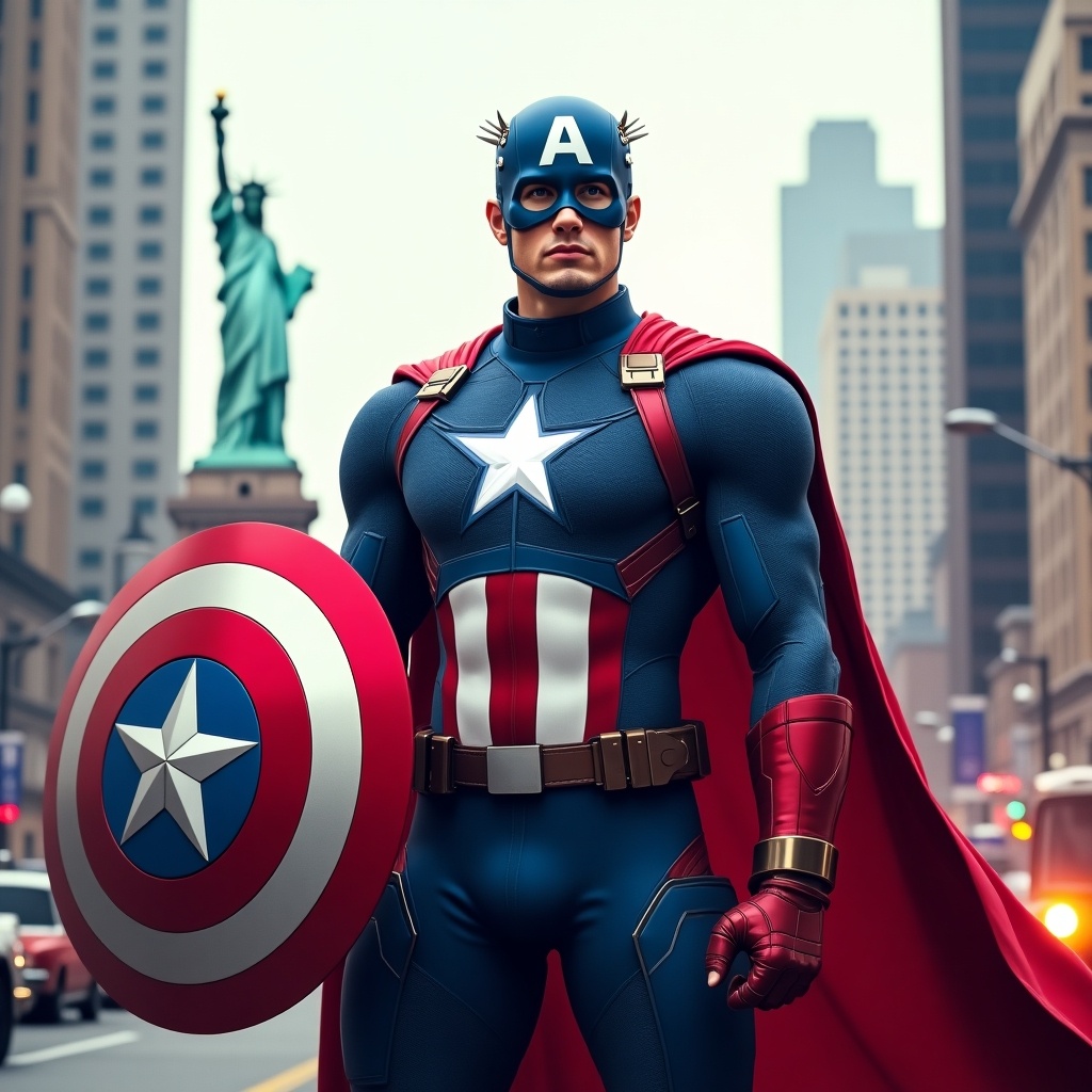 A superhero clad in a high-tech suit of red, white, and blue, stands boldly in the bustling city. The suit is adorned with a prominent star-shaped emblem on the chest, showcasing strength and valor. They wield a glowing shield that resembles the American flag, serving as a symbol of protection and justice. In the background, iconic landmarks such as the Statue of Liberty rise against the skyline. The city is alive with activity, embodying a spirit of innovation and teamwork, while the superhero inspires hope. Their advanced gadgets reflect a modern take on classic heroism.