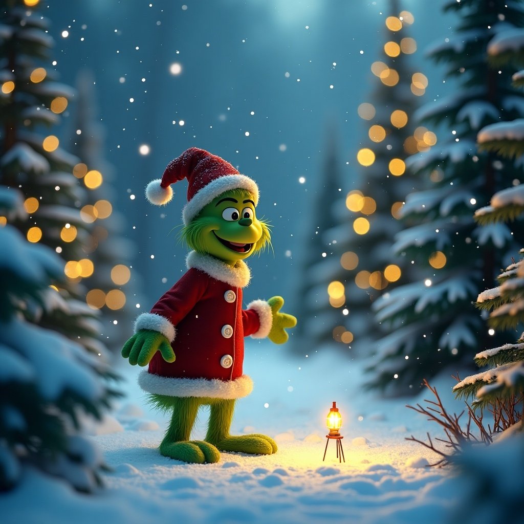 Grinch in a snowy scene with Christmas trees and lights. The Grinch wears a Santa suit. A lantern glows nearby. Snow covers the ground. The name kayleigh is written in the snow.