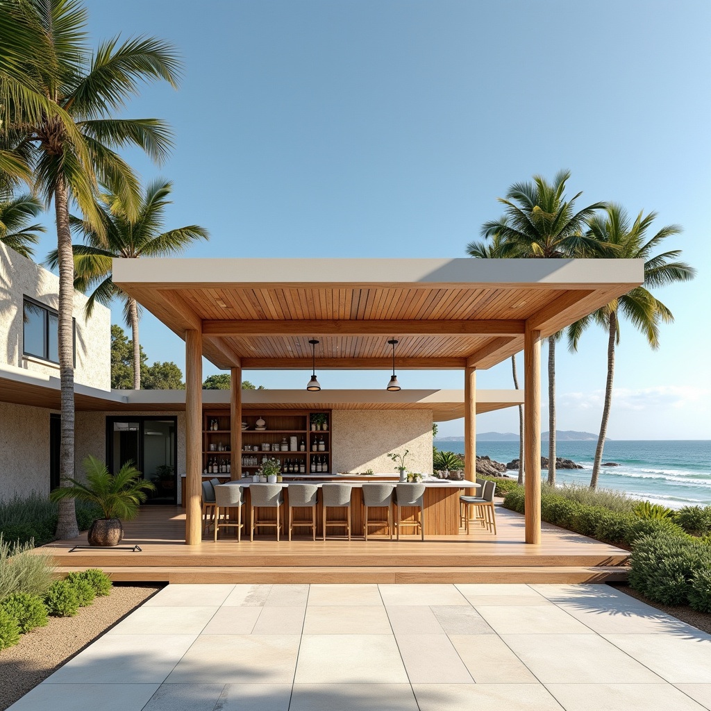 This image showcases a beautifully designed palapa building situated on a beachfront, overlooking the Pacific Ocean with Santa Barbara beach in the background. The palapa features light wood floors that create a warm and inviting atmosphere. Inside, a modern bar area is prominently displayed, reflecting contemporary design elements. The surrounding outdoor space is lush with tropical plants and well-maintained landscaping. This setting perfectly illustrates a blend of nature and modern architecture, making it an ideal space for relaxation and social gatherings.