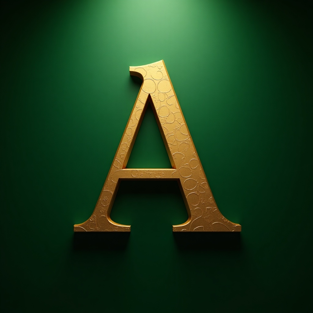 A gold letter A set against a solid green background. The design incorporates a detailed texture on the letter. The atmosphere is cinematic with an elegant presentation. The aspect ratio is 16:9. The letter serves as an eye-catching focus.