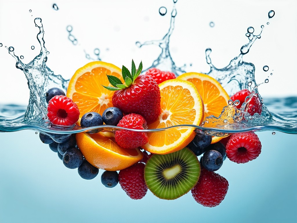 A vibrant image of assorted fruits including oranges, strawberries, blueberries, raspberries, and kiwi splashing into clear water against a light background, capturing the freshness and vivid colors of the fruits.