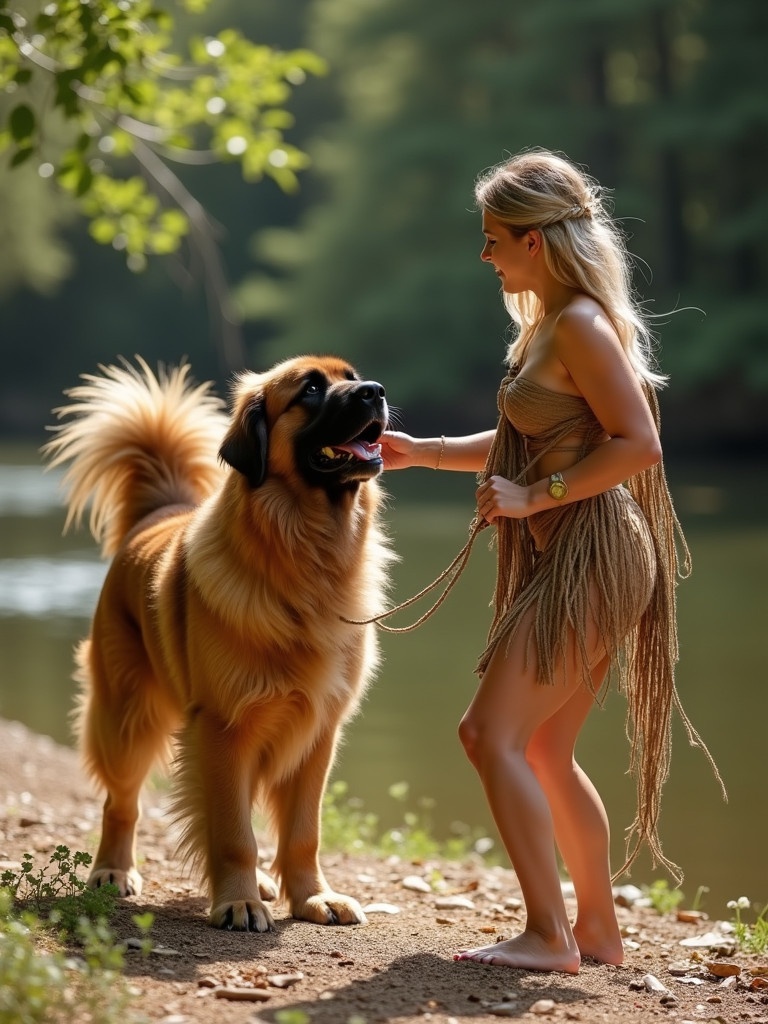 A Leonberger dog stands beside a woman wearing a fringed outfit. The woman interacts playfully with the dog near a calm body of water surrounded by trees. Warm sunlight illuminates the scene.