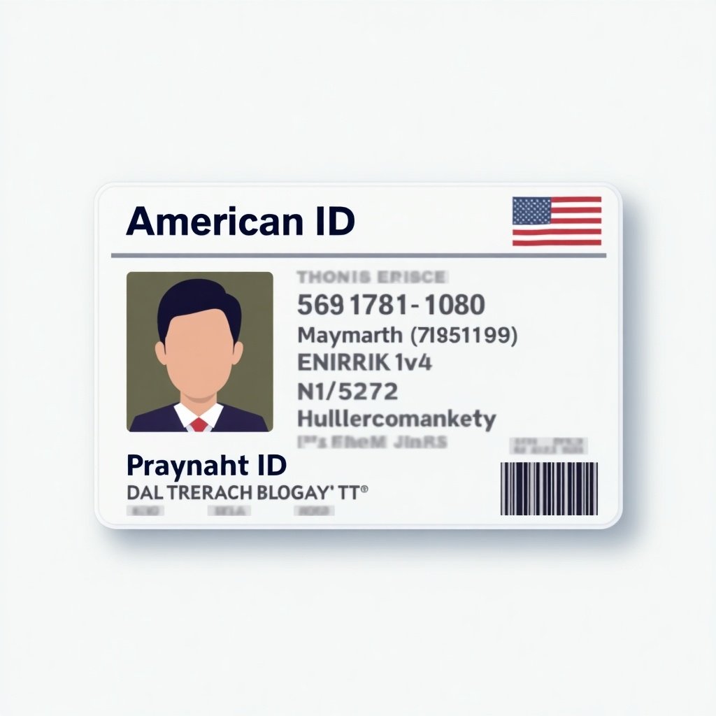 An American ID card with personal information displayed. It features a name, ID number, and a photograph. A flag is in the corner. Visual representation of an identification document.