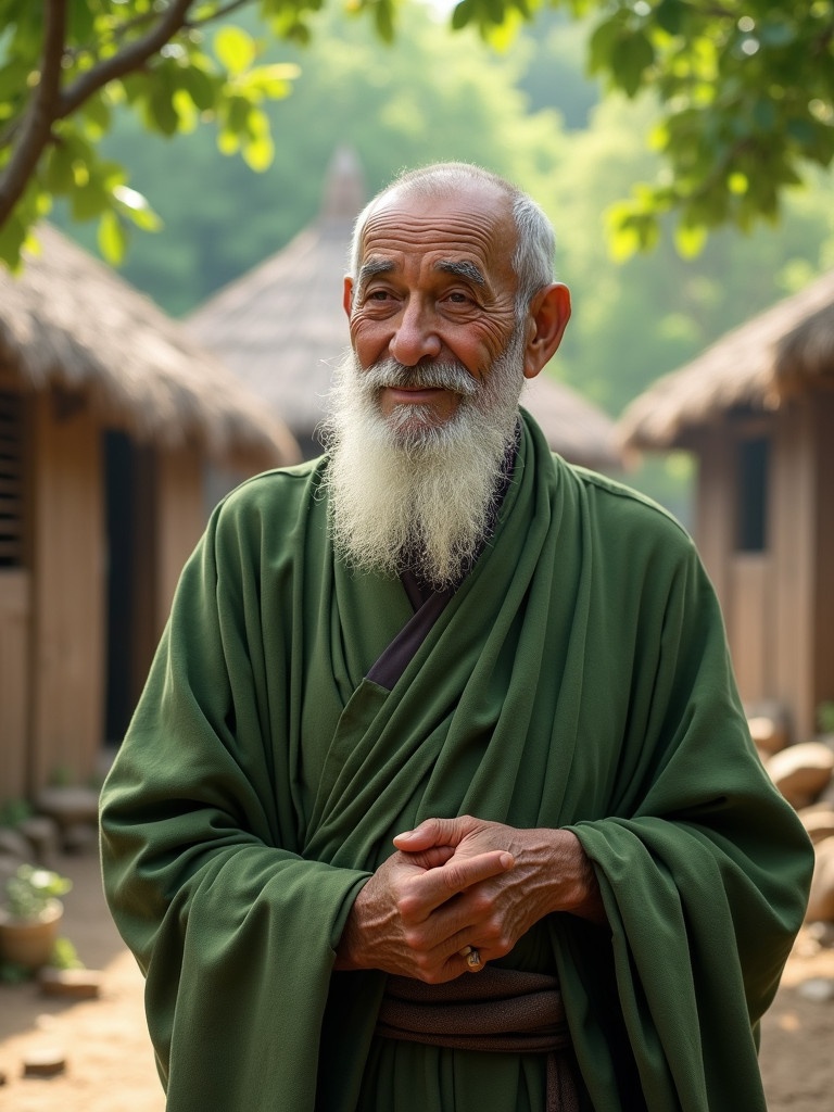 Elderly man dressed in green robes. Simple village huts in the background. Lush greenery surrounding the scene. Soft sunlight filters through tree leaves. Man stands with hands clasped and slight smile.