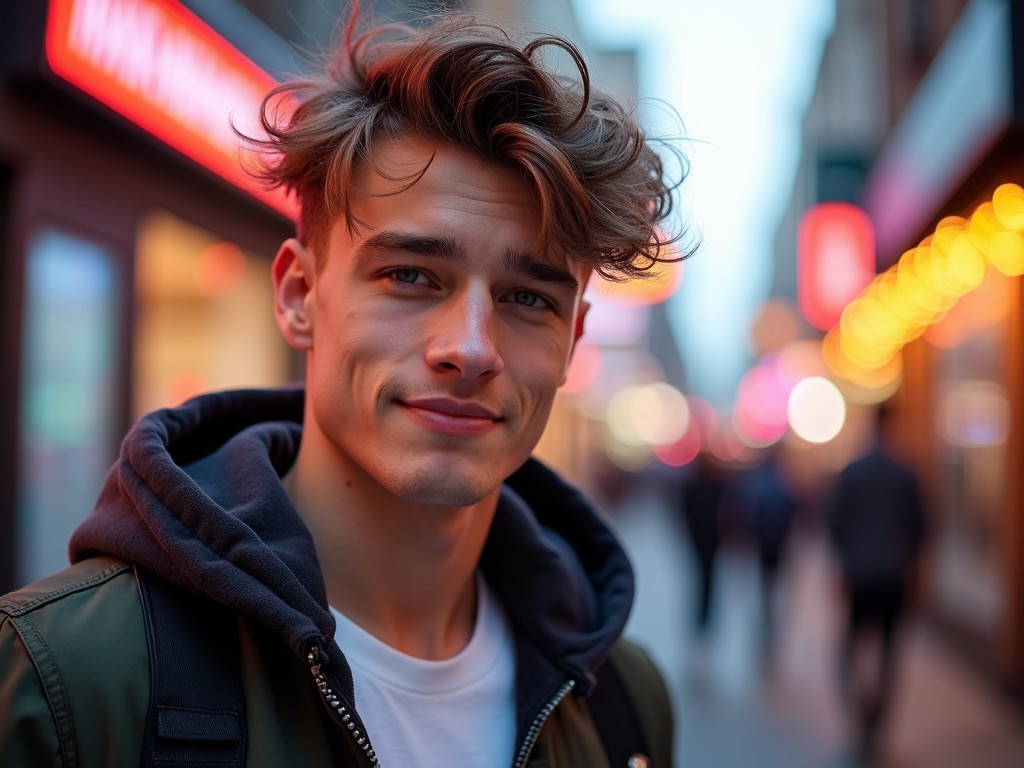 This image features a young man with tousled hair and a charming smile, confidently posing in an urban setting. The background is softly blurred, creating a bokeh effect, with hints of colorful lights suggesting street life. He is wearing a casual jacket over a hoodie, giving off a relaxed yet stylish vibe. The soft blue tones in the background enhance the warmth of his expression. The setting appears to be a bustling city street at dusk, adding to the overall ambiance.