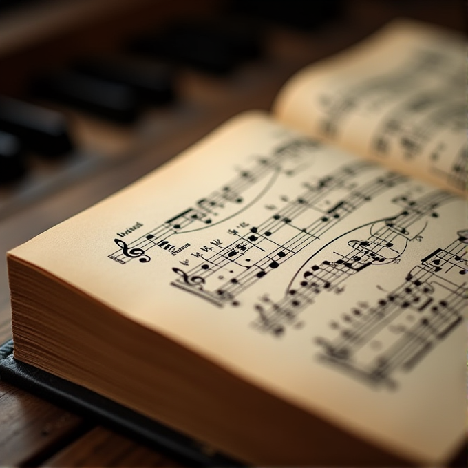 A book of sheet music is open near a piano keyboard.