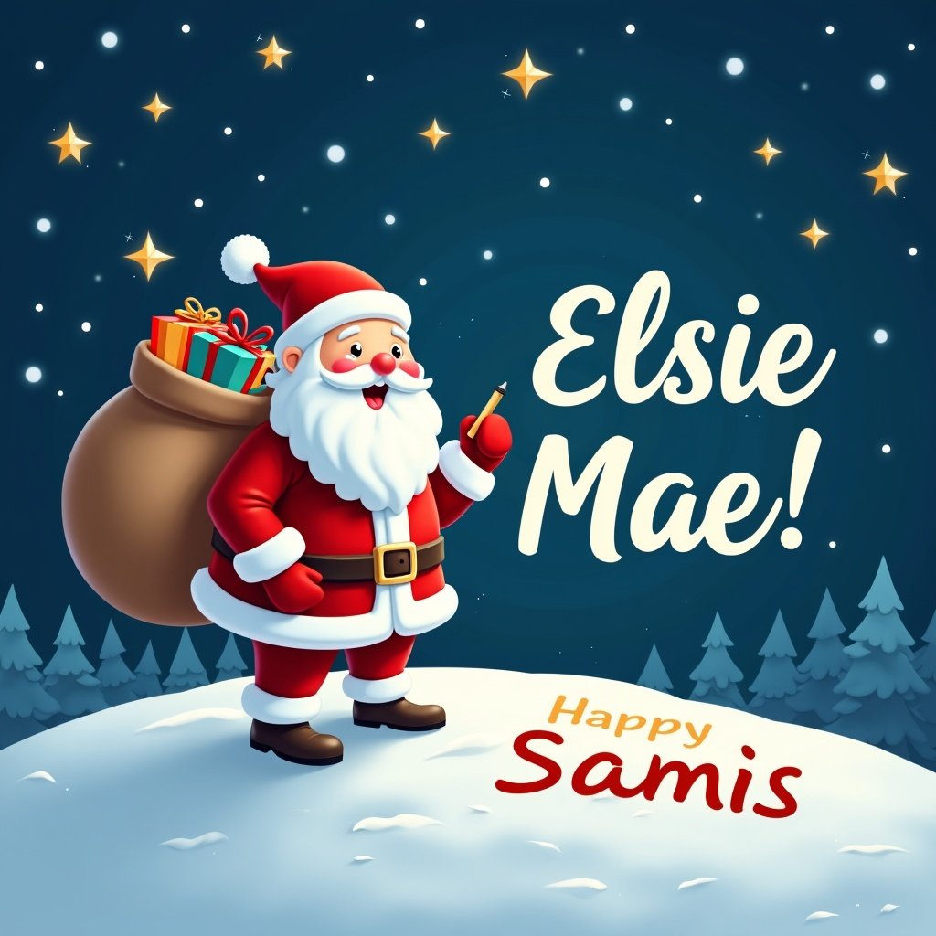 Santa Claus stands on a snowy hill. Starry night sky in the background. Santa writes names in the snow. Dressed in traditional red and white suit. Large sack of gifts on back. Bright twinkling stars surround him. Phrase 'Elsie Mae!' in whimsical font adds to festive atmosphere.