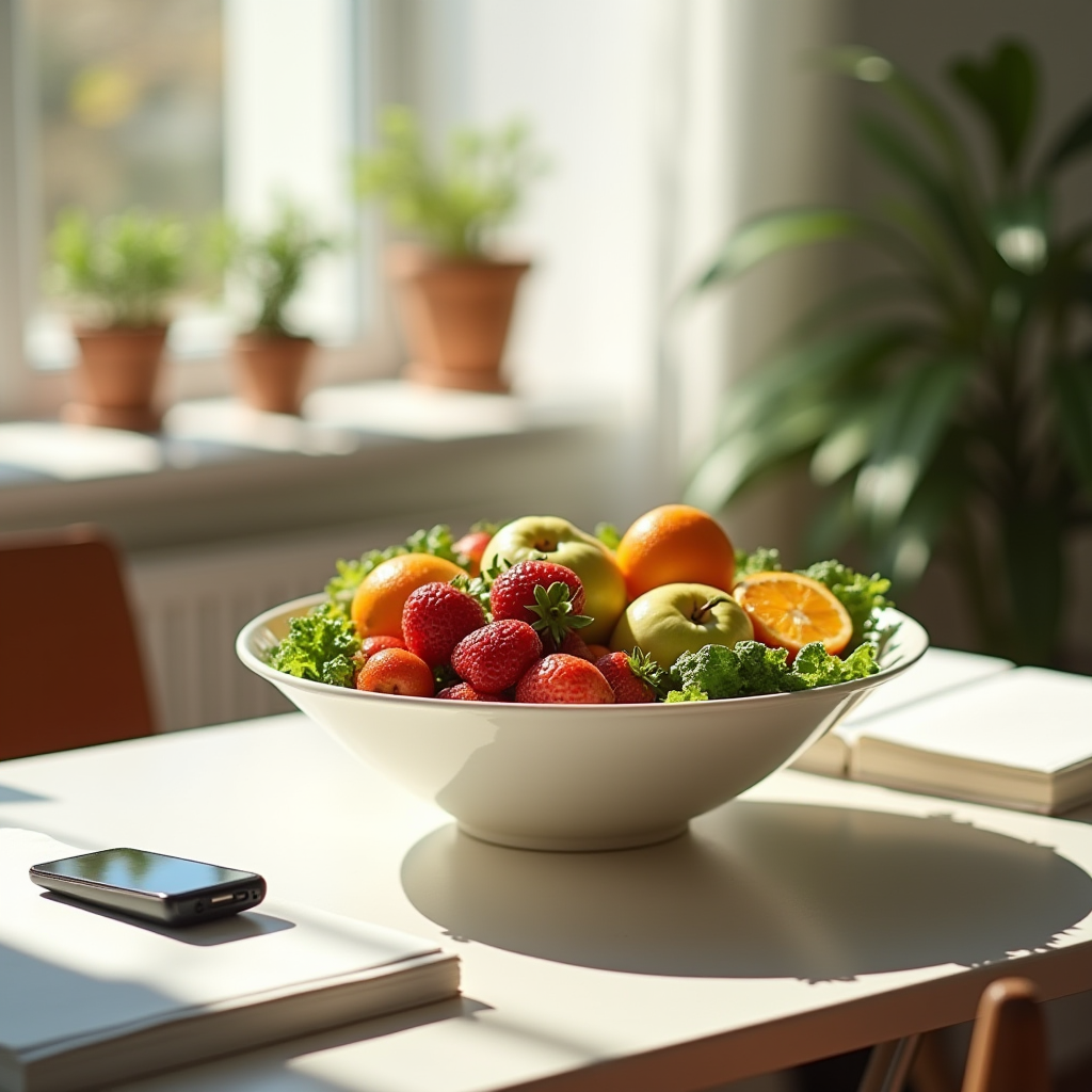 A bowl of fresh fruit sits on a table, bathed in natural sunlight.