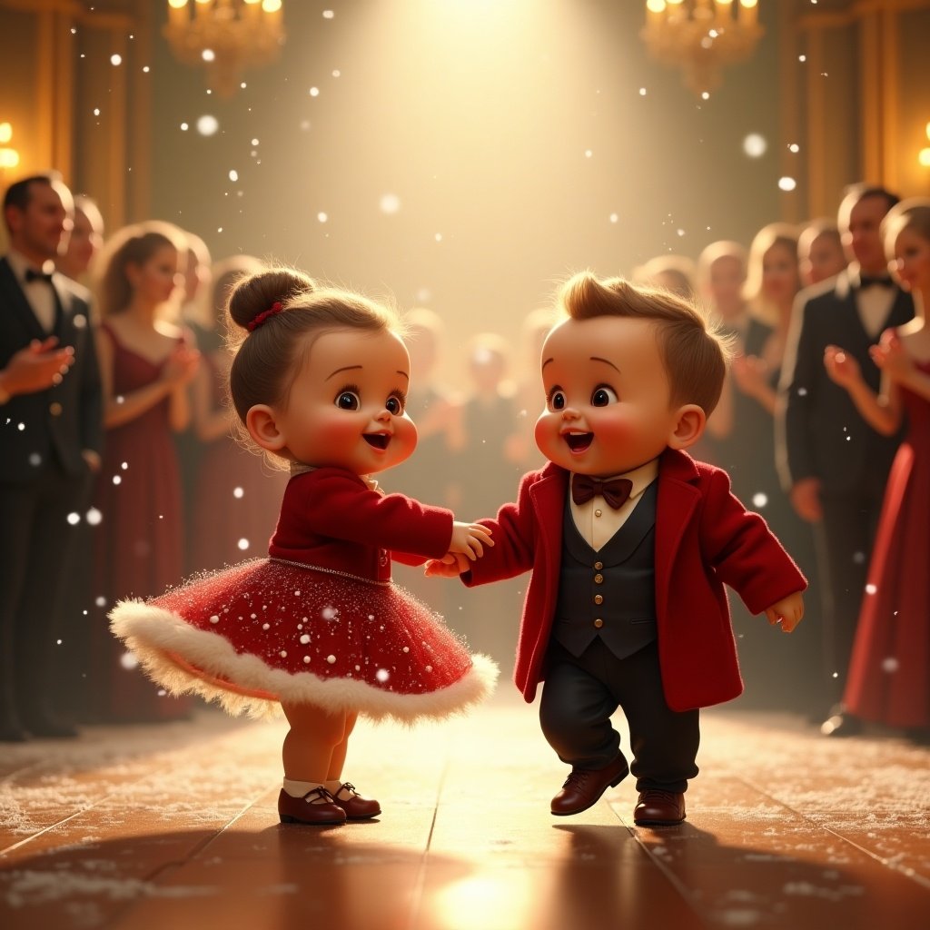 Two chubby babies dance gracefully at a grand ball. The girl wears a dress with sequins and shoes. The boy wears a tailored suit with a bow tie. The crowd watches in awe. Warm golden lighting enhances the ballroom ambiance. Snowflakes and festive lights create a joyful scene. Babies show cheerful expressions.