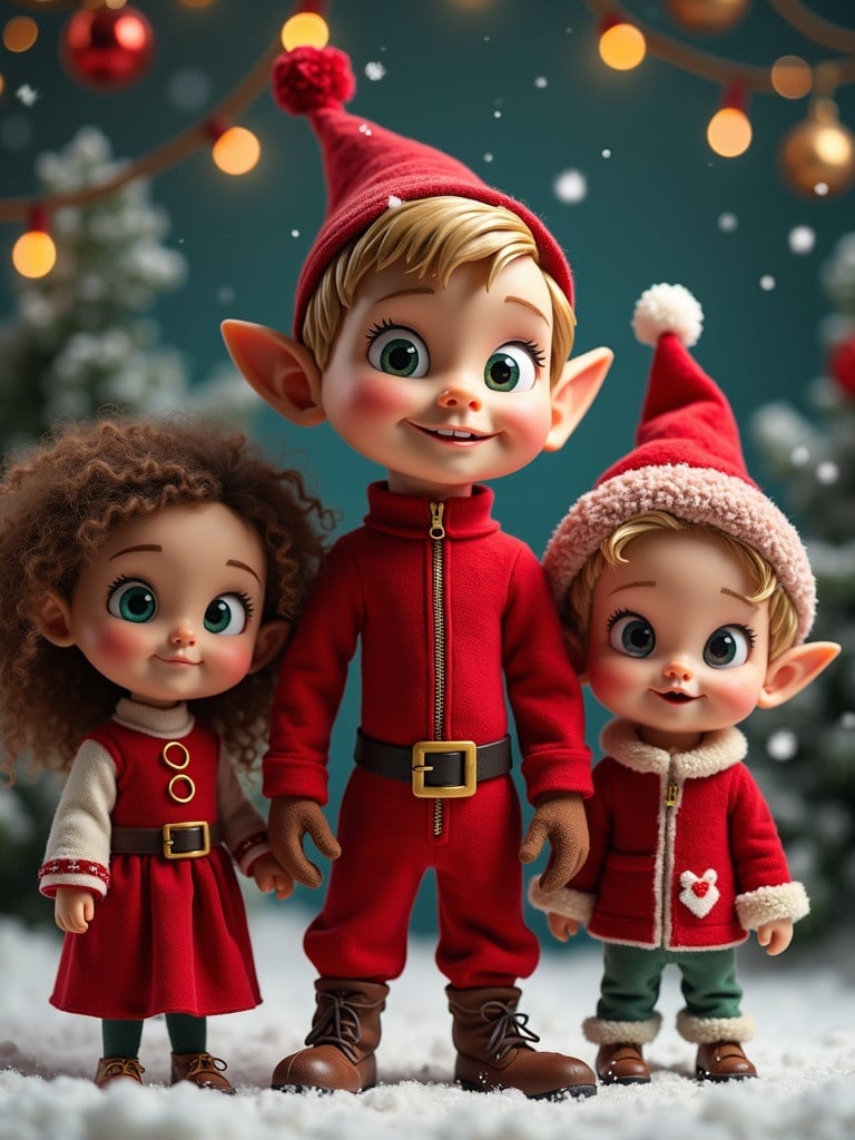 A boy elf in a red suit with pointed ears stands with two human friends in a Christmas setting. A small girl aged 6 with brown curly hair and a tall boy aged 12 with wavy blonde hair are next to him. The background features Christmas decorations and trees.