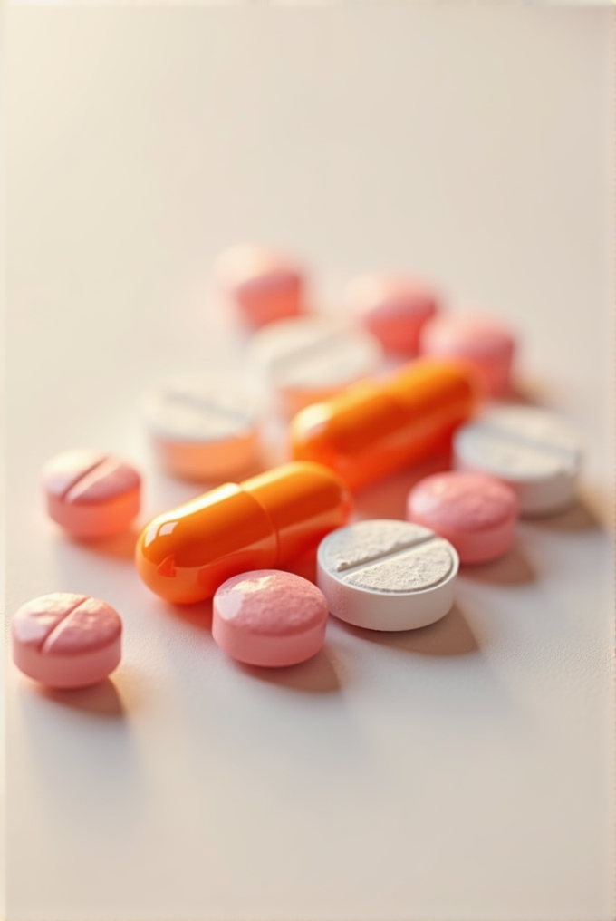 The image shows a mix of orange capsules and pink and white tablets on a smooth surface.