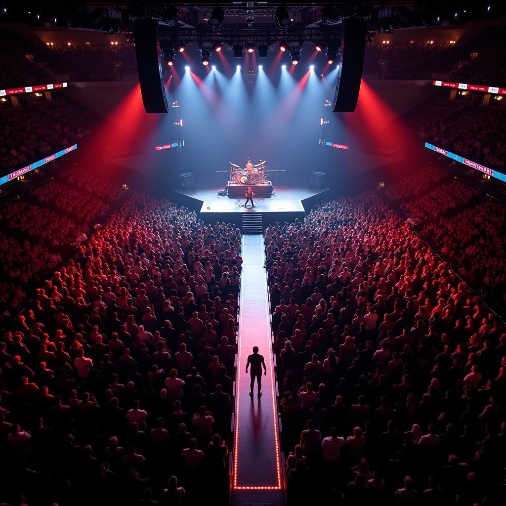 Drone view of a concert at Madison Square Garden. A T-stage runway leads from the performers to the audience. The stage is illuminated with dramatic lights. The crowd is large and engaged.