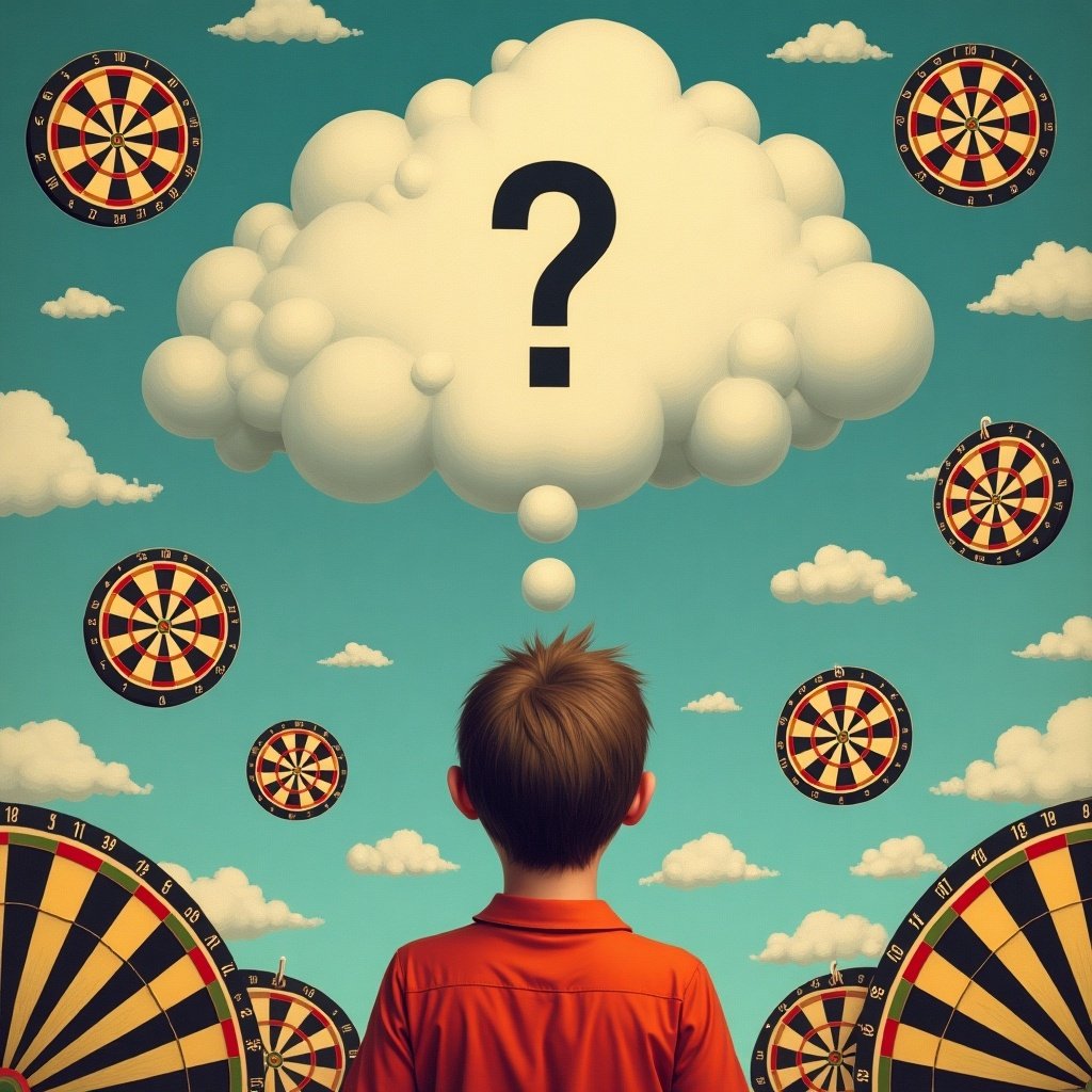 Child standing in front of dartboards. Question mark in a thought bubble. Bright blue sky with clouds. Focus on thinking about darts and high averages.