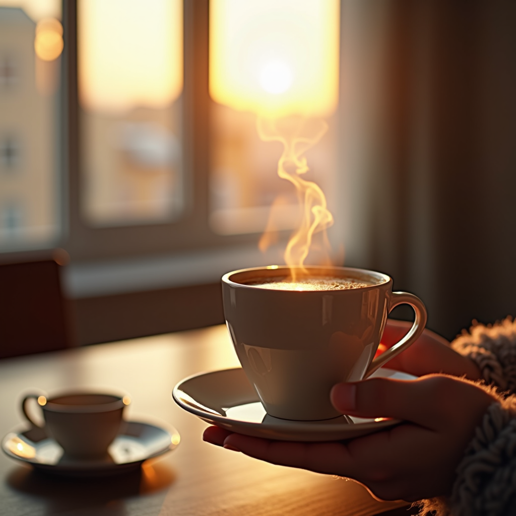 A steaming cup of coffee is held by hands in a cozy room, backlit by a sunrise through a window.