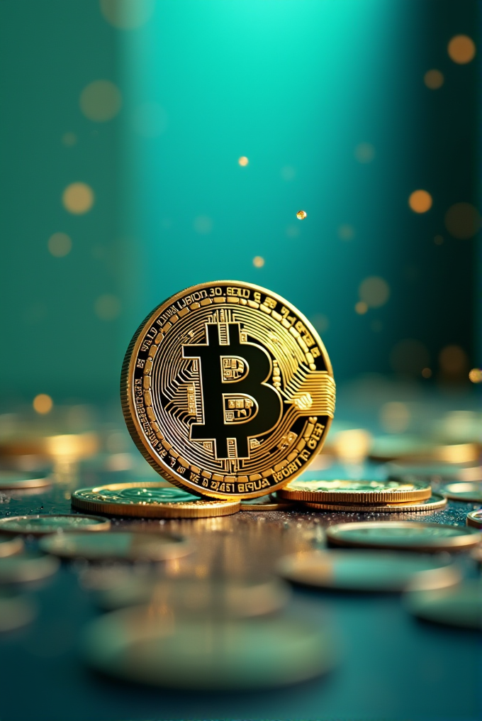 A golden Bitcoin coin amid scattered gold coins, set against a blurred teal background with glowing bokeh lights.