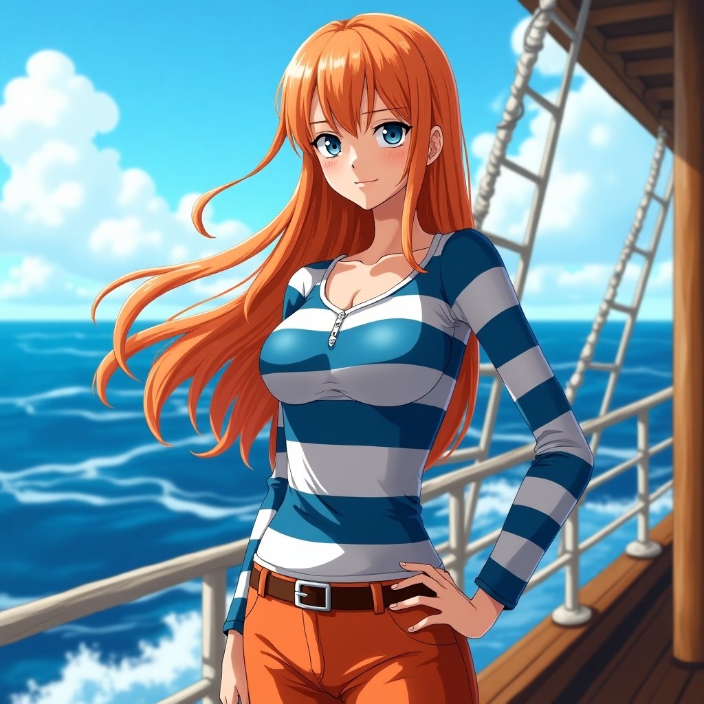 Anime character named Nami stands on a ship. She has orange hair and wears a striped shirt. The ocean is in the background with clouds.