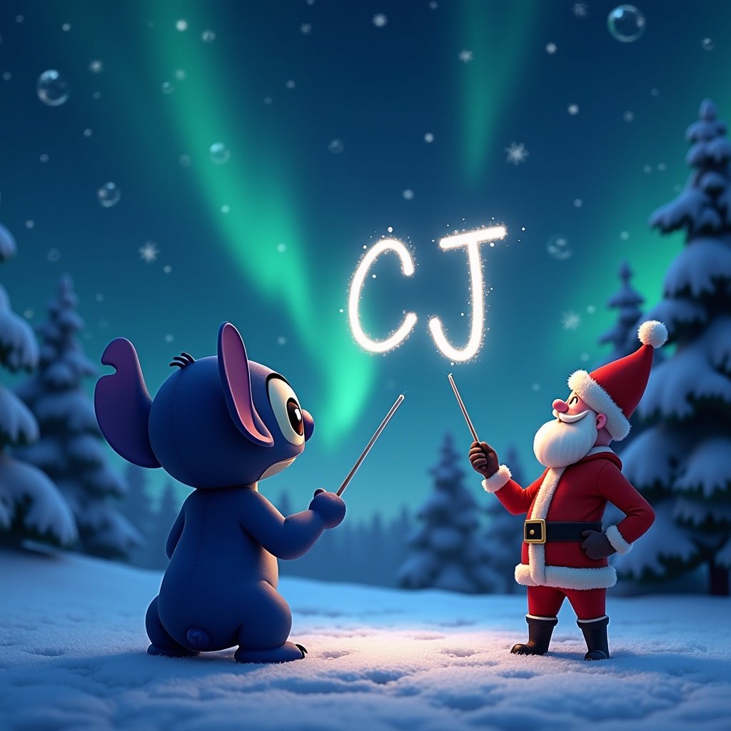 Stitch writes the letters CJ in the snowy night sky using a wand. Merry Christmas scene filled with northern lights. Santa Claus elegantly crafts the name Tommy in the air with his wand.