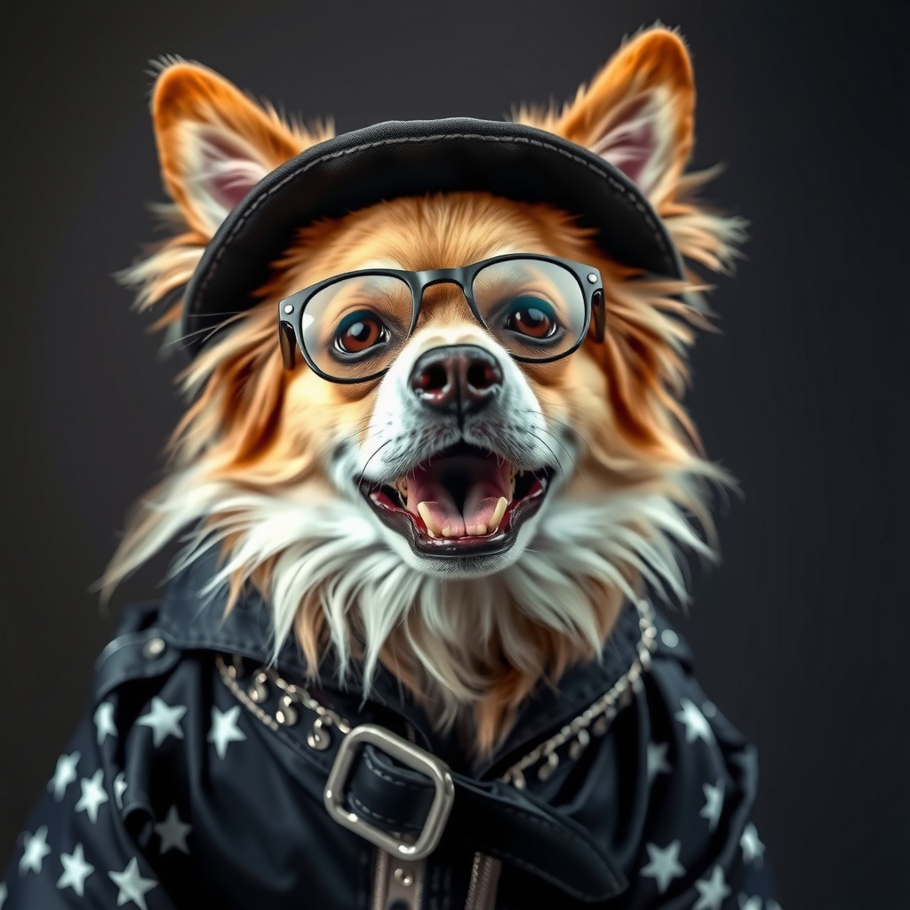 A Chihuahua dressed in a leather jacket and hat, wearing glasses with a joyful expression.