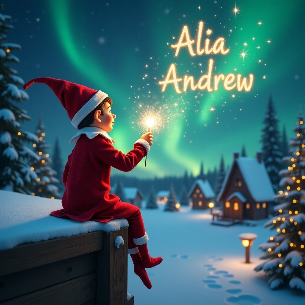 An elf in a red outfit sits on a wooden ledge. The elf gazes at the sky with a wand. The elf writes names in the sky. The background has a snowy landscape with houses and trees. The scene is illuminated by Northern Lights.