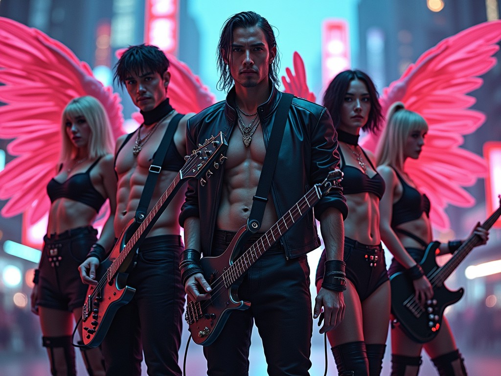 A group of four striking individuals stand defiantly in an urban setting, each holding an electric guitar. They are adorned in edgy, black leather outfits, contrasting against the vibrant pink wings projected behind them. The scene is set at night, illuminated by colorful neon lights, creating a vibrant and rebellious rock-and-roll atmosphere.