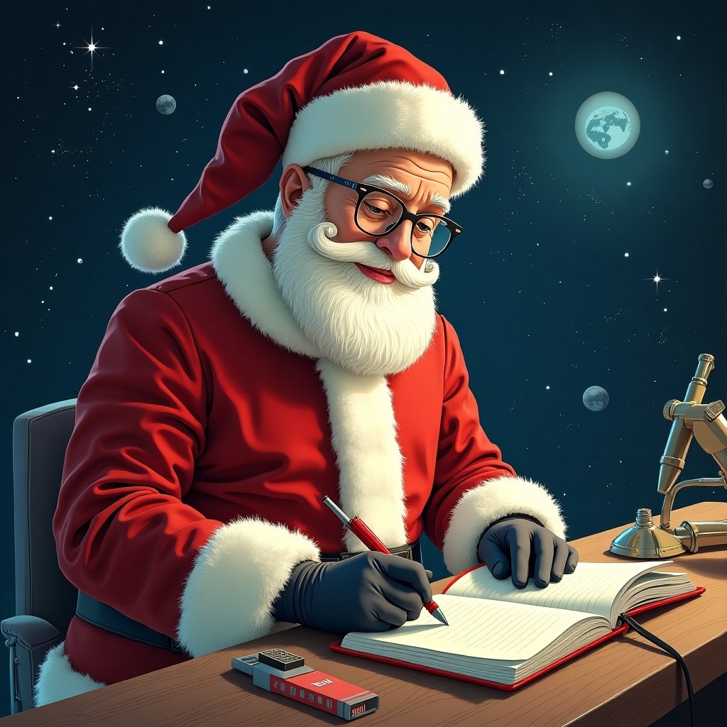 Santa Claus dressed in traditional red suit and hat writing in a notebook sits at a desk in outer space. Background features a starry sky and celestial bodies.