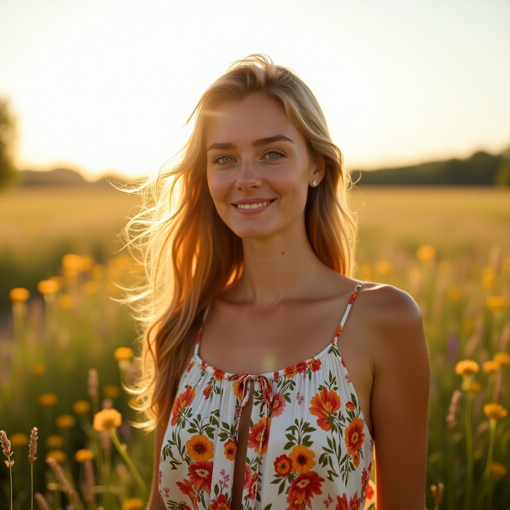 Woman standing in a bright field wearing a floral dress. Soft sunlight illuminating the scene. Long hair flows in the breeze.