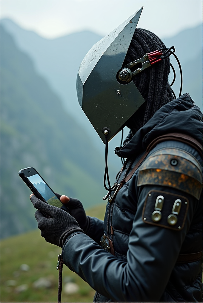 A mysterious figure in futuristic attire with a helmet uses a smartphone amidst a mountainous landscape.