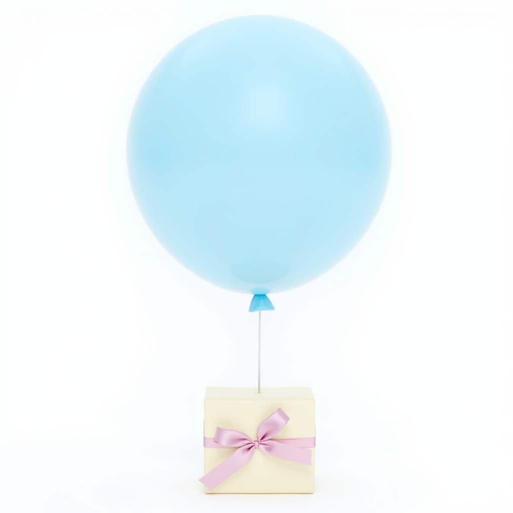 A large blue balloon is tied to a small cream-colored gift box with a pink ribbon.