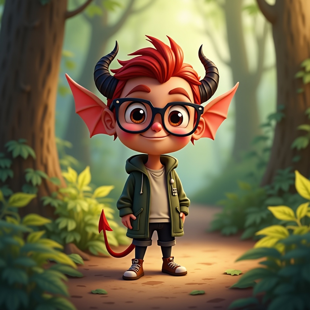 A cartoon demon character stands happily on a forest path. The character has red hair and wears glasses. It features small horns and a tail, making it look mischievous but friendly. The ambiance is light and colorful, surrounded by green foliage. The sunlight peeks through the trees, creating a magical atmosphere.