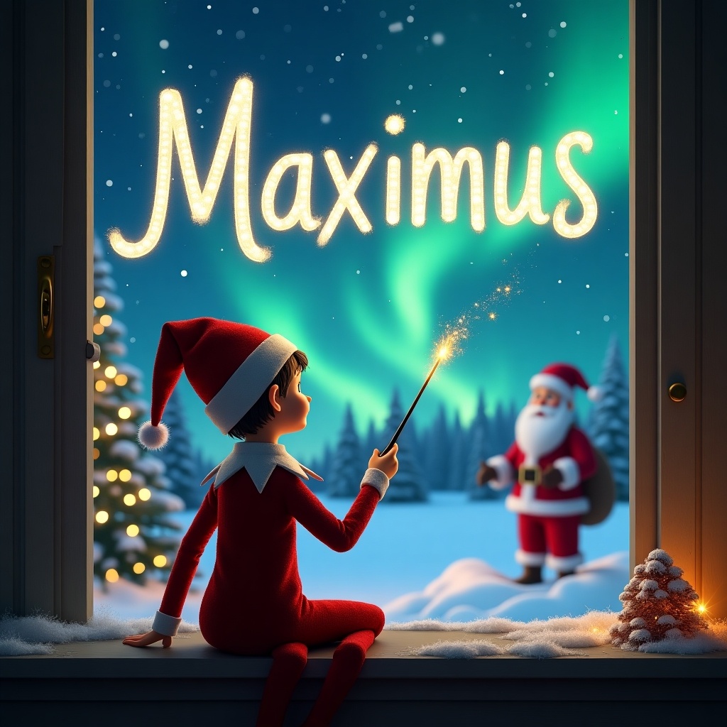 In a cozy, warmly lit room, an elf on the shelf is seen from behind. The elf wears a classic red outfit with a festive hat. Facing the window, the elf holds a magic wand, elegantly writing the name 'Maximus' in sparkling light against the night sky. Beyond the window, the breathtaking northern lights illuminate the snowy landscape. Santa Claus is visible in the background, adding to the magical scene. This enchanting image captures the essence of Christmas joy and wonder, perfect for a holiday-themed illustration.