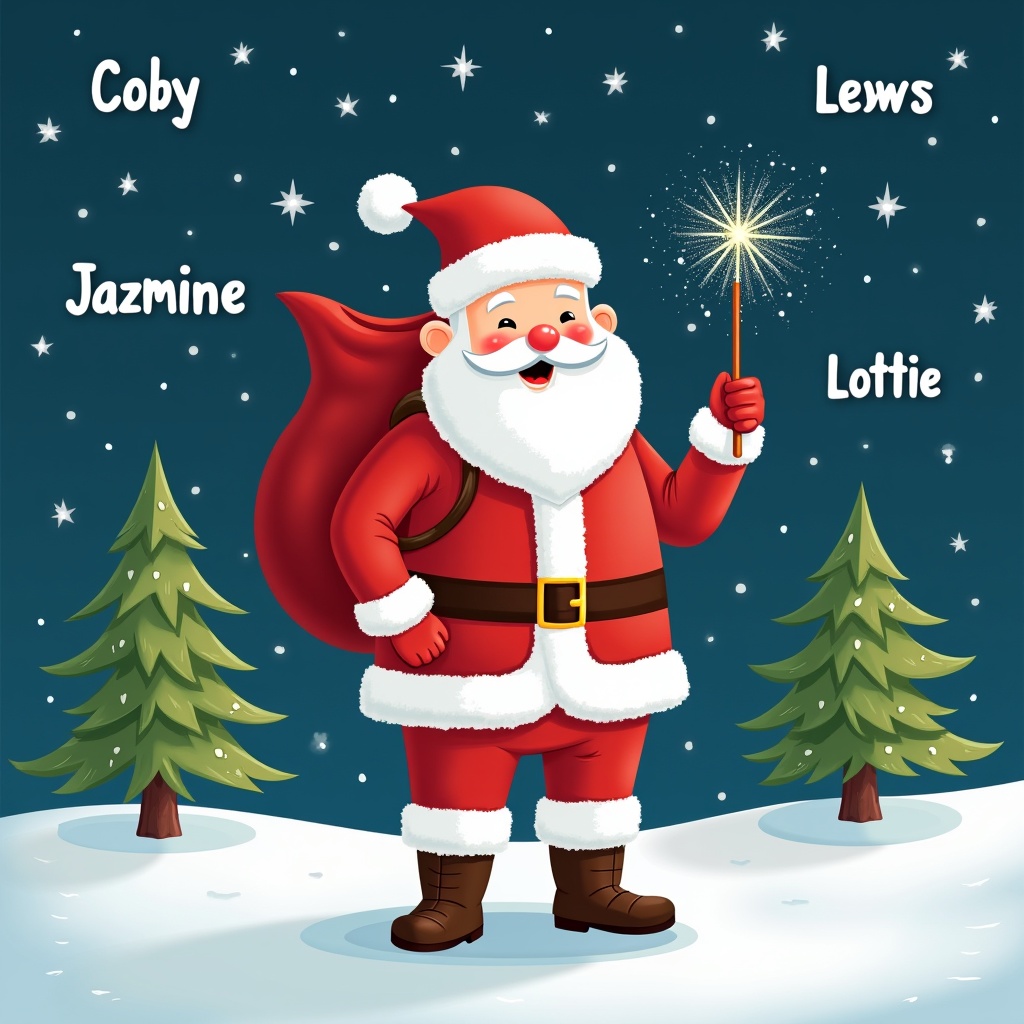 The image features a cheerful Santa Claus standing in a snowy landscape. He has a large red sack slung over his shoulder and is holding a sparkly wand. Santa's traditional red and white outfit is complemented by a sturdy belt and boots. Behind him, the night sky is filled with twinkling stars and the names Coby, Lewis, Kelsi, Jazmine, and Lottie. Pine trees dot the snowy ground, contributing to the festive winter atmosphere.