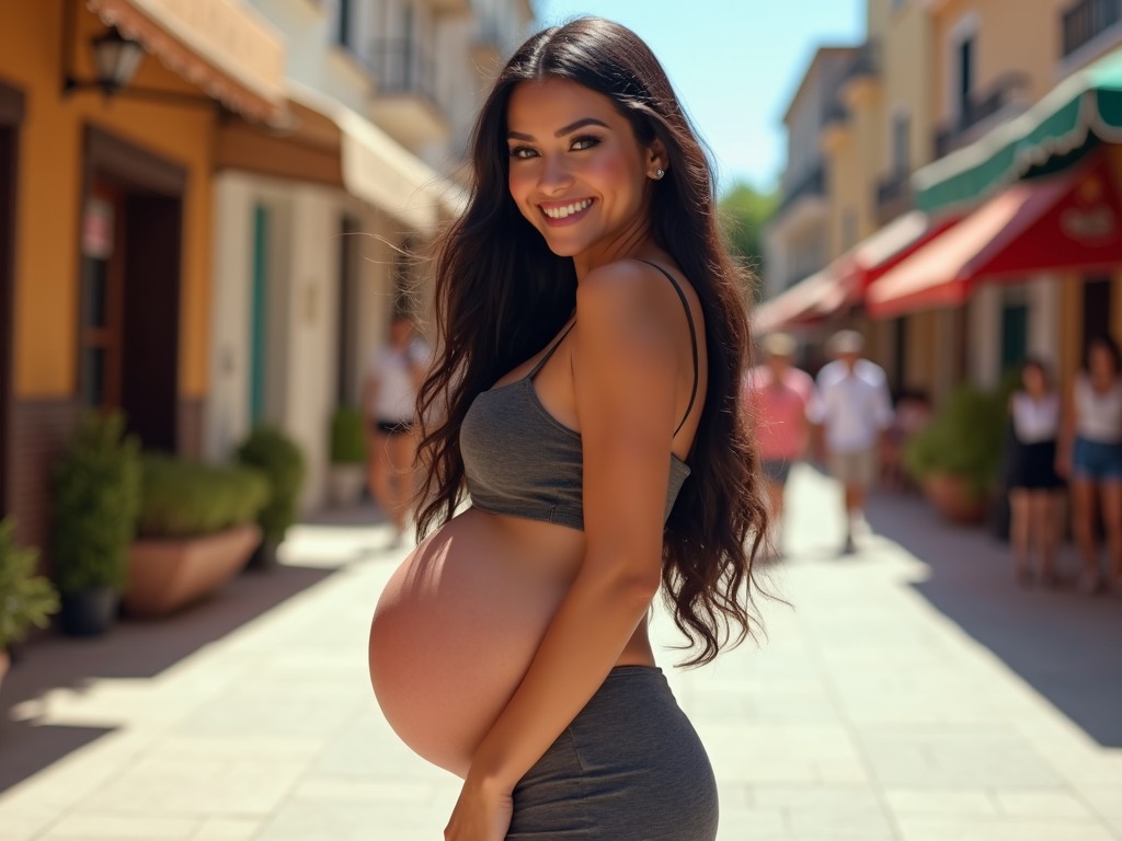 The image shows a joyful, pregnant woman standing outdoors, smiling brightly at the camera. She has long hair and is wearing a fitted gray top that highlights her baby bump. The background features a charming street scene with shops and people. The sunlight creates a warm and inviting atmosphere. This setting emphasizes her happiness and confidence during pregnancy. She appears vibrant and in touch with her body, showcasing a moment of joy and femininity.