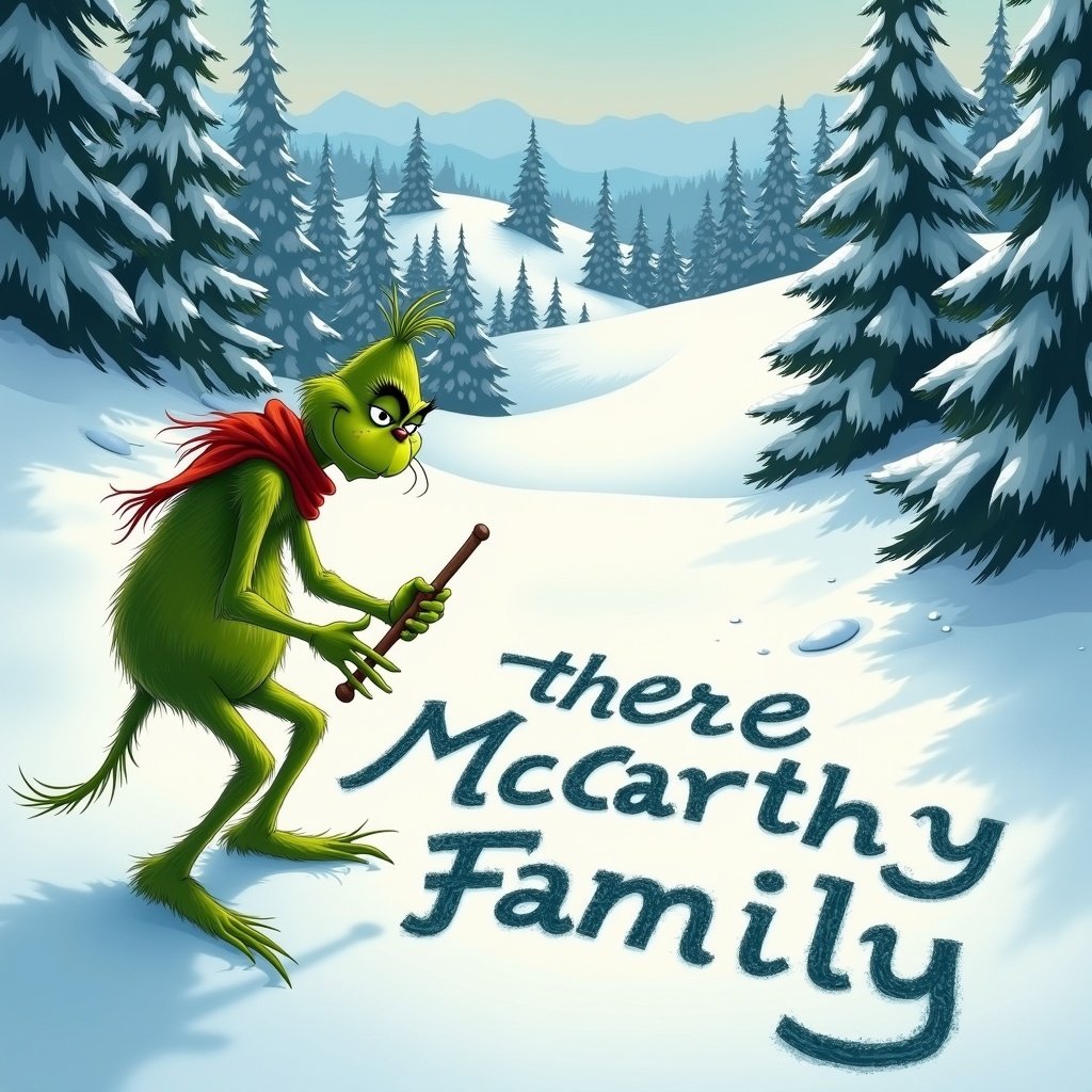 A character writes a family name in the snow with a stick. Snow-covered hills are visible in the background. Evergreen trees frame the scenery. The character is green and wears a red scarf.