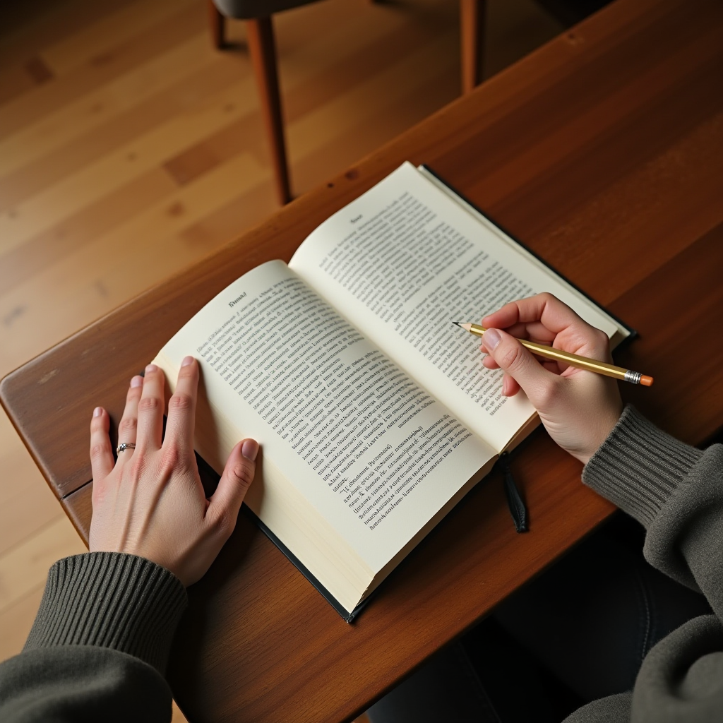 A person is reading a book on a wooden table, holding a pencil in their right hand.